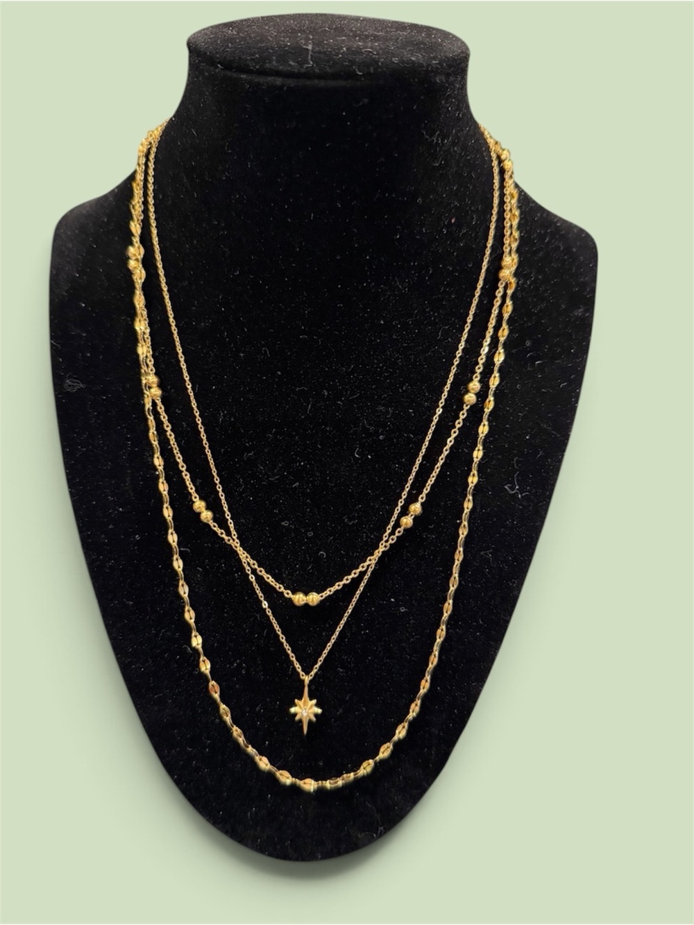 3 Individual Gold Plated Necklaces: Star Pendan, Beads, Plain Necklaces